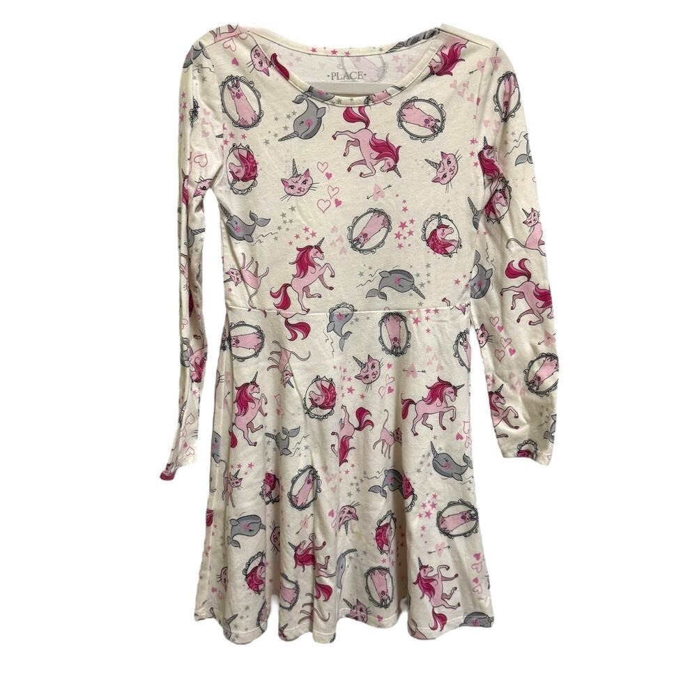 Children's Place Unicorn Caticorn Narwhal Llama Cats Dress Pink‎ Off White 7 8 - Picture 3 of 6